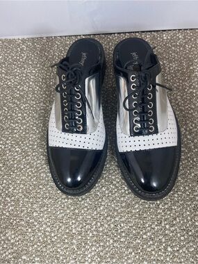 Jeffrey Campbell Women’s Black White Silver Lace-Up Wingtip Derbys. Low Heel.